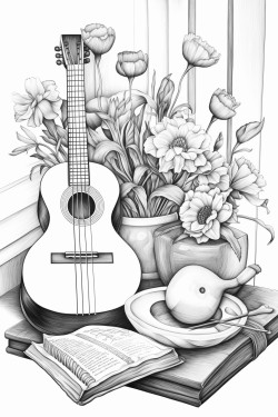 realistic artistic still life with volume that contains a guitar and a vase with tulipans