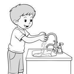 a 35 year old boy rubbing and washing his hands under the tap water