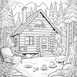 a cozy cabin in the forest coloring page
