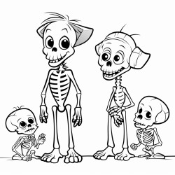 a skeleton frankiestein mummy little spider and little dog cartoon make them young and elementary age