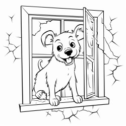funny scene with dog by a broken window that he broke
