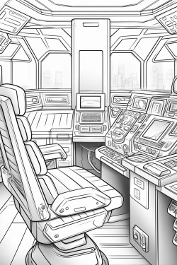 space ship cabin with screens with desk space futuristic detail