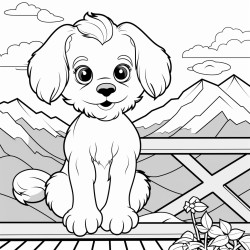 plush puppy sits on a railing in front of a mountain