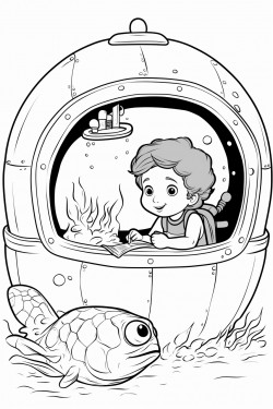 a child in a submarine peering through a window at colorful fish and a sea turtle swimming by