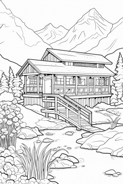 switzerland landscape with a quaint stone house surrounded by flowers wooden dock extending into a lake