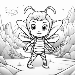 female superhero bee in a desert holding pick and rope oasis in background