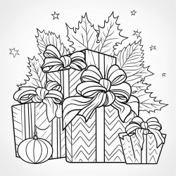 cozy christmas gift coloring book page no colors black and bold lines