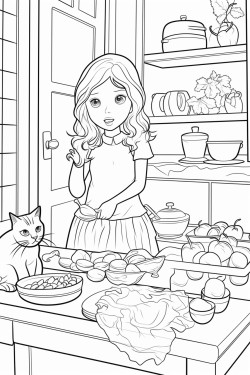  mom  chop vegetables kitchen longhaired girl wiping the counters the cat tried to eat 