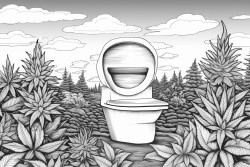 a line toilet sitting on a field of marijuana plants