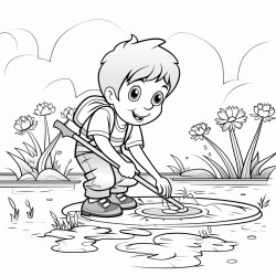 a boy using a rake to pick up a snake in a lake