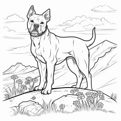 a pitbull standing majestically on a flat rock over looking a field of lavender