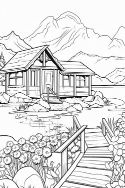 a hours switzerland landscape with a quaint stone house surrounded by flowers wooden dock extending into a lake