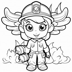 a big eyes angel kid with wings at the fire department