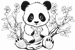 panda with hearts all around sitting on a branch with branches and leaves