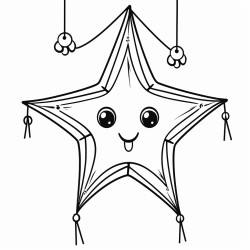 coloring page of a starshaped piata with simple patterns and streamers hanging from a rope