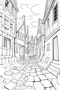 ankhmorpork twisted alleys cobblestones leaning buildings warped timbers chimneys smoke