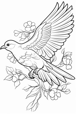black and white image of flying bird for coloring book