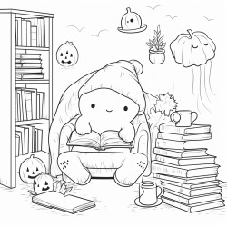 a cute ghost in fuzzy socks reads a book sipping tea in a cozy bedroom with string lights cobwebs and fall decor