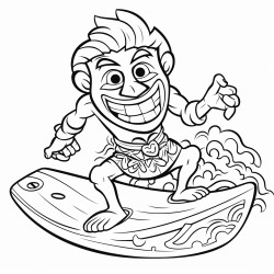 tiki man riding a surfboard on a wave
