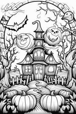 spooky haunted house with jackolanterns a cat and moon