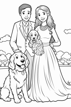 bride and groom with two golden retrievers and an english springer spaniel
