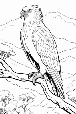 a majestic philippine eagle perched on a branch high in a tree with a forest canopy and distant mountains