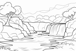 a clear outline of a waterfall with a few simple trees and rocks drawn with bold lines for easy coloring by young children