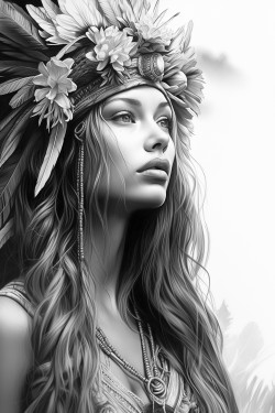 a beautiful boho woman in a zen environment side view