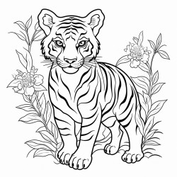 big tiger with tropical leaves or flowers