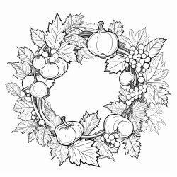 create a blackandwhite coloring page featuring an autumninspired wreath with leaves pumpkins berries and acorns arrange the elements in a loose opencircle format leaving gaps so the wreath does not fully close each item should have clear