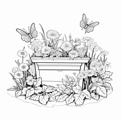 a vegetable and flower garden with different types of pollinators and a compost bin