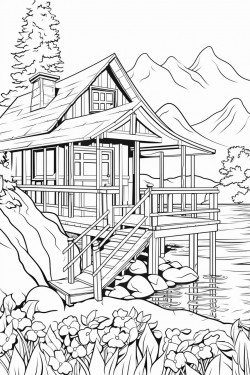 switzerland landscape with a quaint stone house surrounded by flowers wooden dock extending into a lake