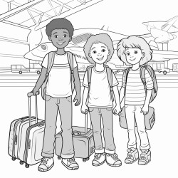 3 kids of different races and ages inside an airport terminal with luggage