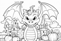halloween coloring page with 5 items including a dragon castle pumpkin and candy bag