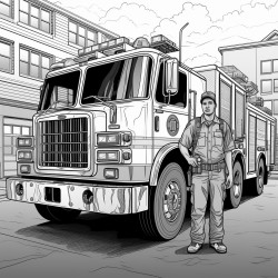 firefighter standing in front of fire truck showing smoke detector