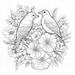 floral composition bouquet with hand drawn flowers blossom branches leaves and birds