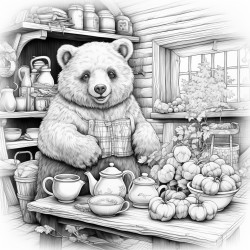 a black bear bakes cinnamon bread in an english cottage in the autumn