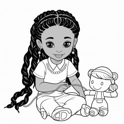 african american young girl with 2 ponytail braids playing with a doll
