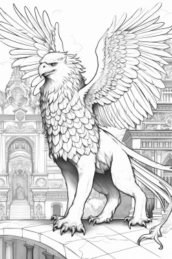 a powerful griffin standing guard in front of an ancient temple with detailed feathers and stone carvings