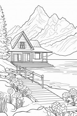 a hours in switzerland landscape with a quaint stone house surrounded by flowers wooden dock extending into a lake