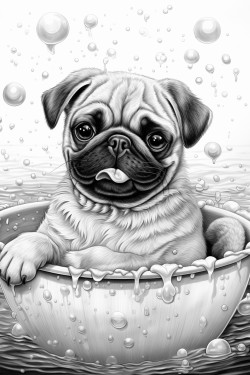 happy pug in a bath tub with lots of bubbles