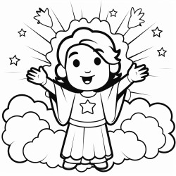 god with his hands extended creating light standing on clouds in a kawaii style drawing