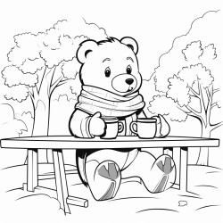 a cartoon bear wearing a scarf drinking a hot cup of coffee while sitting on a bench in the park with fall leaves all around
