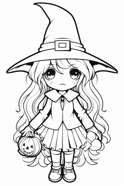 outline art for cute halloween coloring page with witch white background sketch style