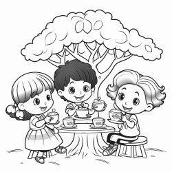 three girls and two boys having a tea party under a meatball tree