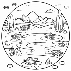 desert pond with multiple frogs toad and tadpoles hidden throughout