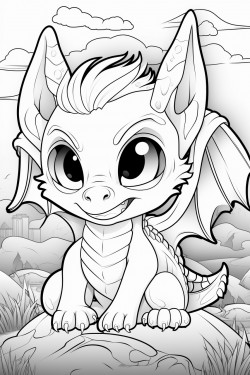 epic coloring book page depicting an adorable kawaii style dragon