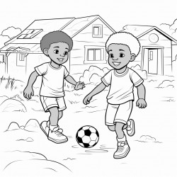 professional sketch drawing of african boy and a girl chlid playing football in a village for a coloring book