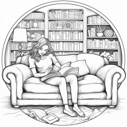 a beautiful woman wearing jeans and a tshirt curled up on a couch under a blanket in a home library reading a book