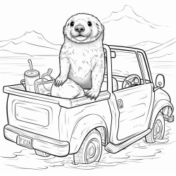 sea otter riding in the back of a pickup truck